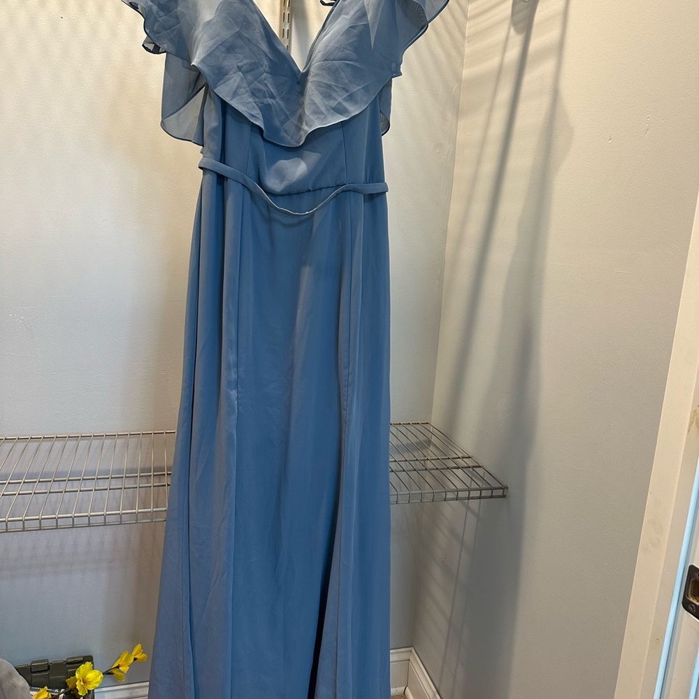 blue dress size 14 CLEARANCE - Ladivine CD416 Off Shoulder Luminescent Chiffon Smokey Blue Gown (Size 14)